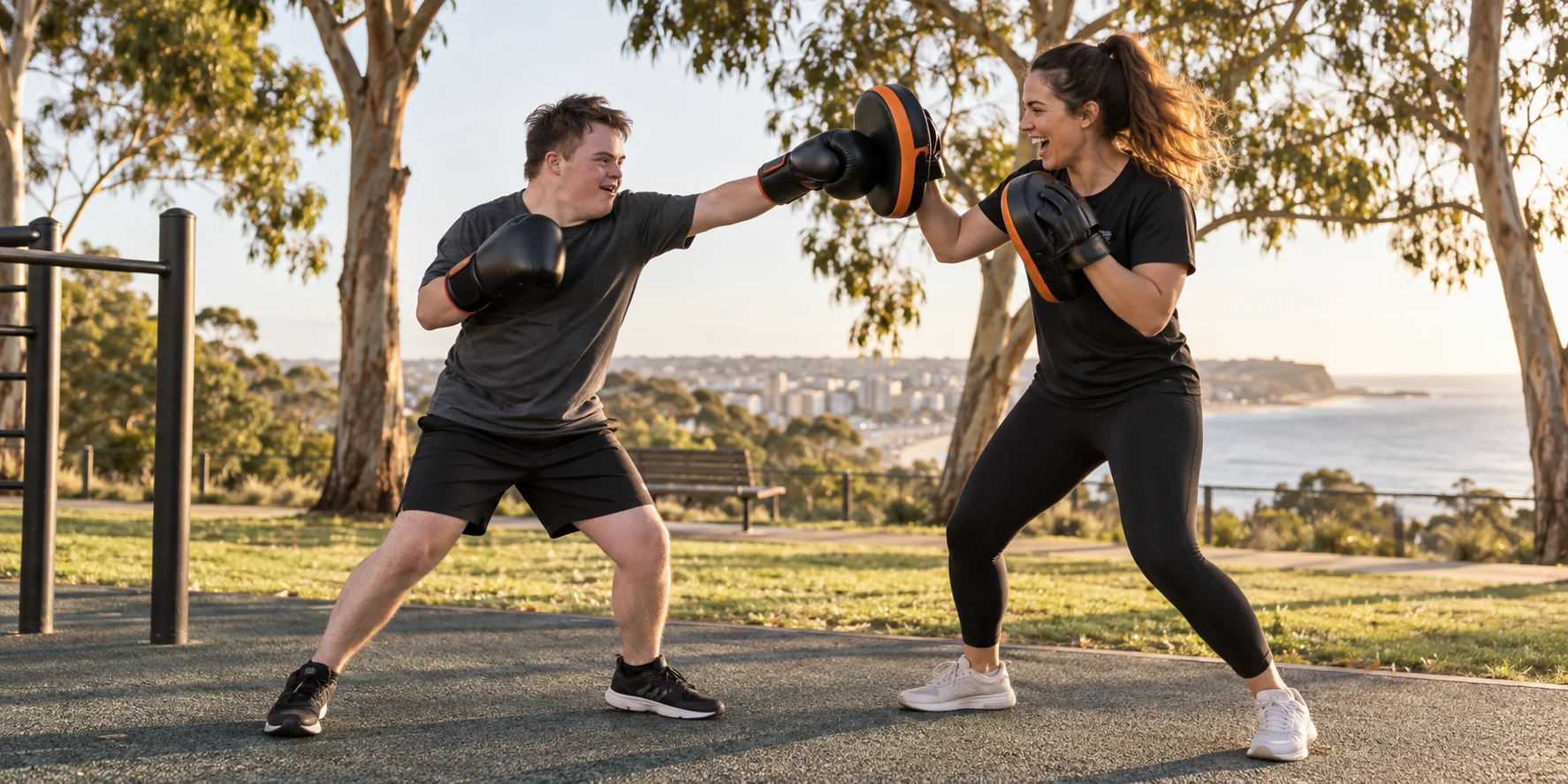 NDIS participant landing a confident punch during an outdoor boxing-pad session with a support worker near the Newcastle coast.