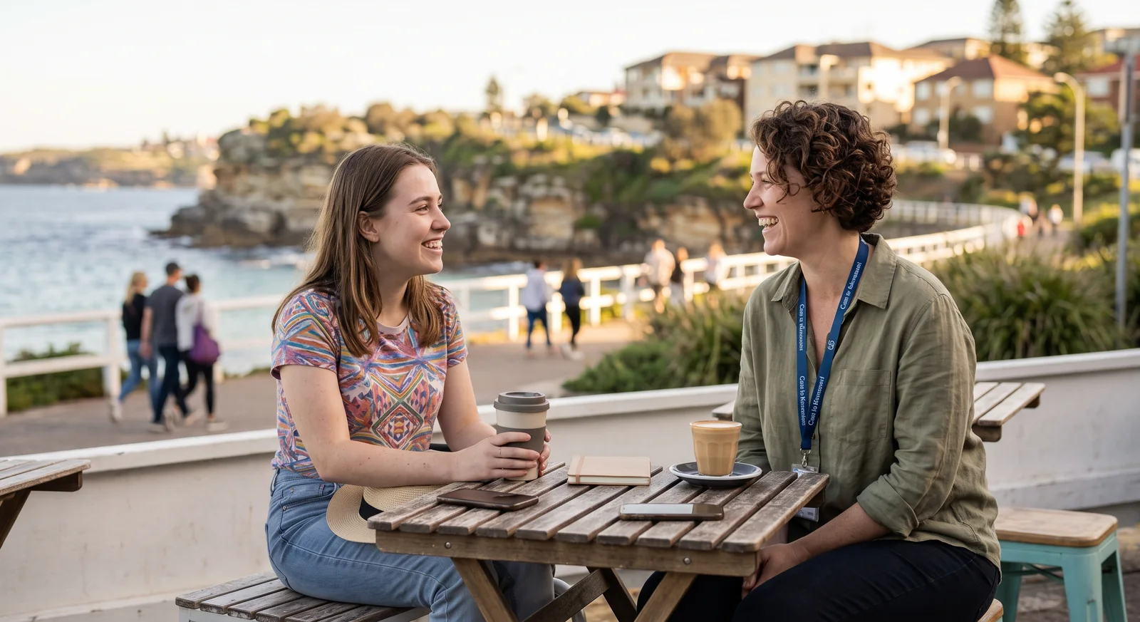 Two women sit laughing over coffee at an outdoor table beside a coastal walkway.