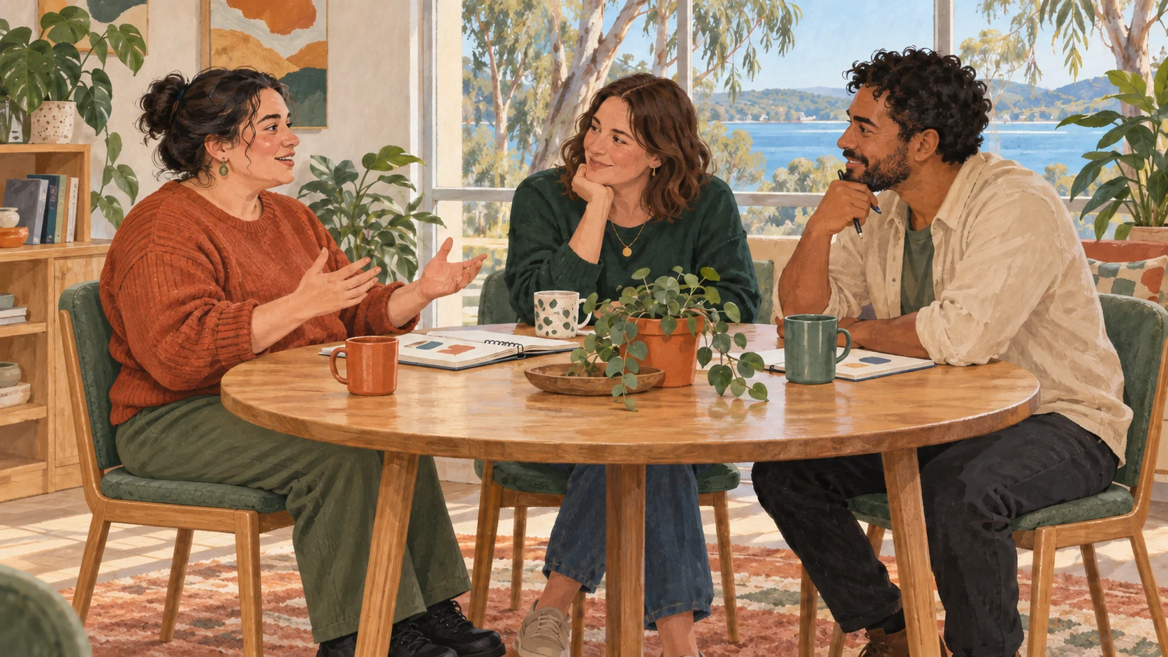 Illustration of a participant, support coordinator and support worker planning together around a table.